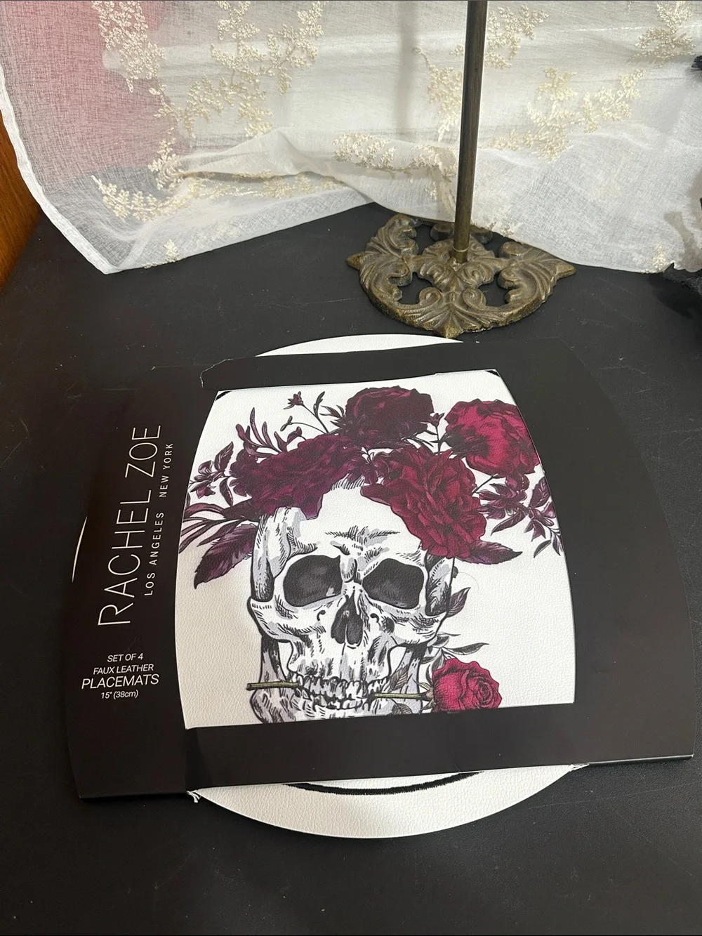Rache Zoe Halloween floral skull set of 4 faux leather placemats